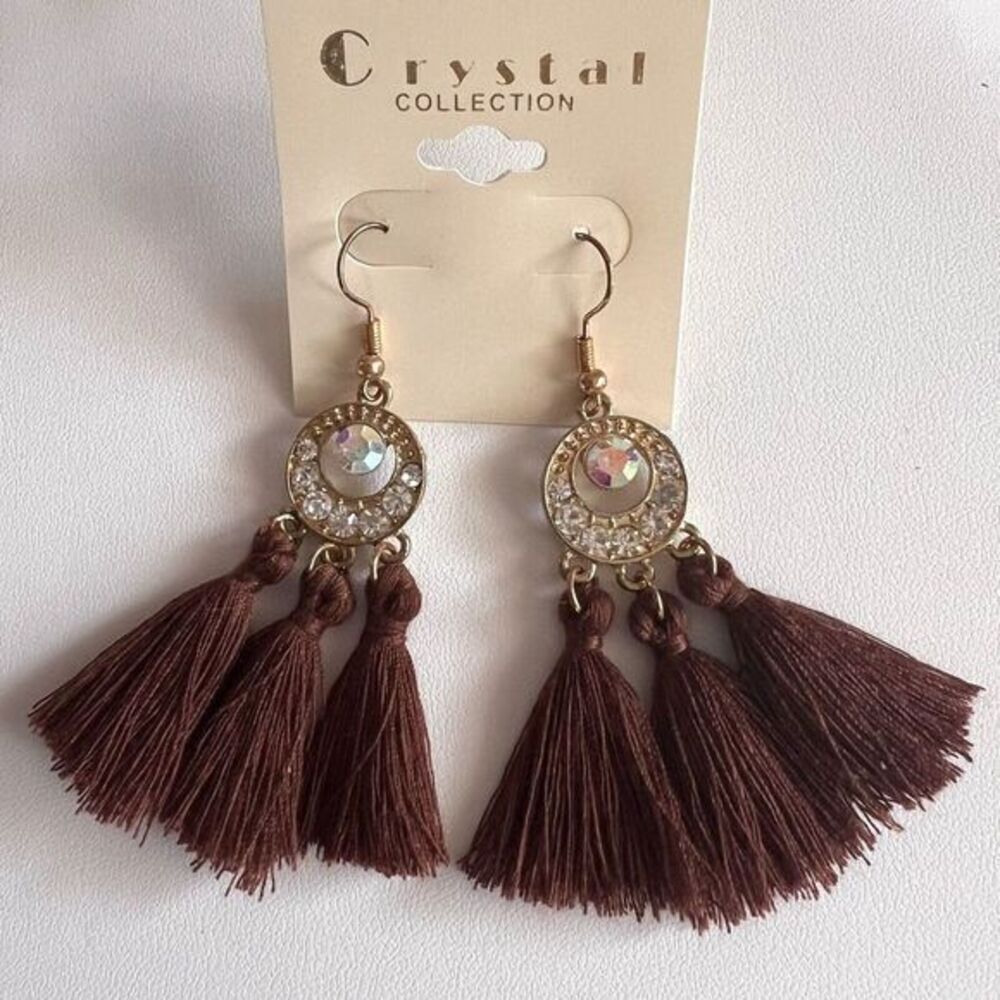 CRYSTAL COLLECTION Brown Tassel Earrings Bohemian Boho Drop Crystal Earrings - Picture 6 of 9